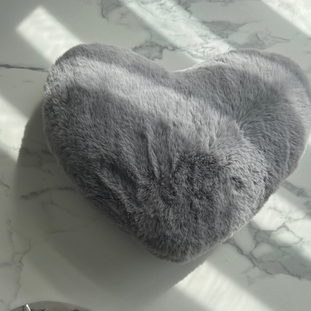 Plush Heart Throw Pillow - Soft Gray Faux Fur